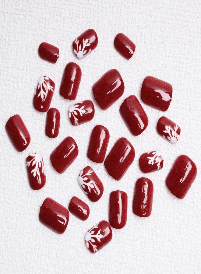 OCOUYVD 24 Pcs Christmas Red Press on Nails Short Square Fake Nails Winter Xmas False Nails White Snowflake Design Glossy False Nails Christmas Stick on Nails Christmas Acrylic Nails for Women DIY Manicure - Image 2